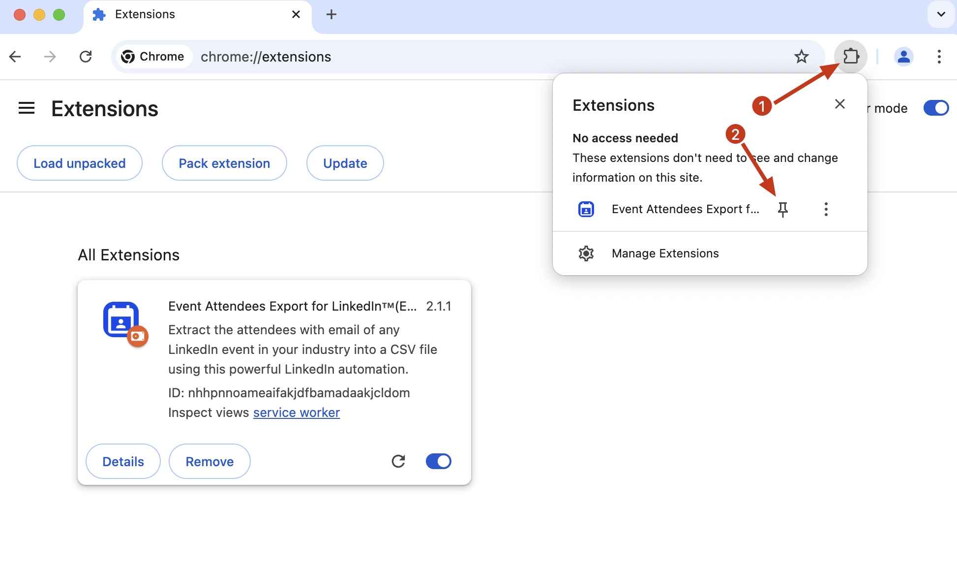 LinkedIn Event Attendees Exporter chrome extension install pin